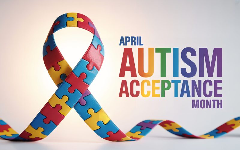 Autism awareness ribbon with colorful puzzle pieces for april autism acceptance month