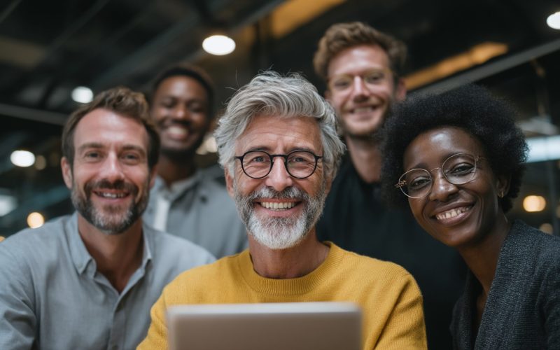 Multi-generational workplace collaboration, Gen Z and Baby Boomers working together on tablet, diverse ages sharing knowledge