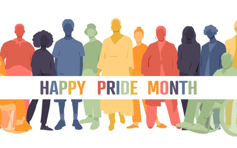 Happy Pride Month banner. Different people stand side by side together.